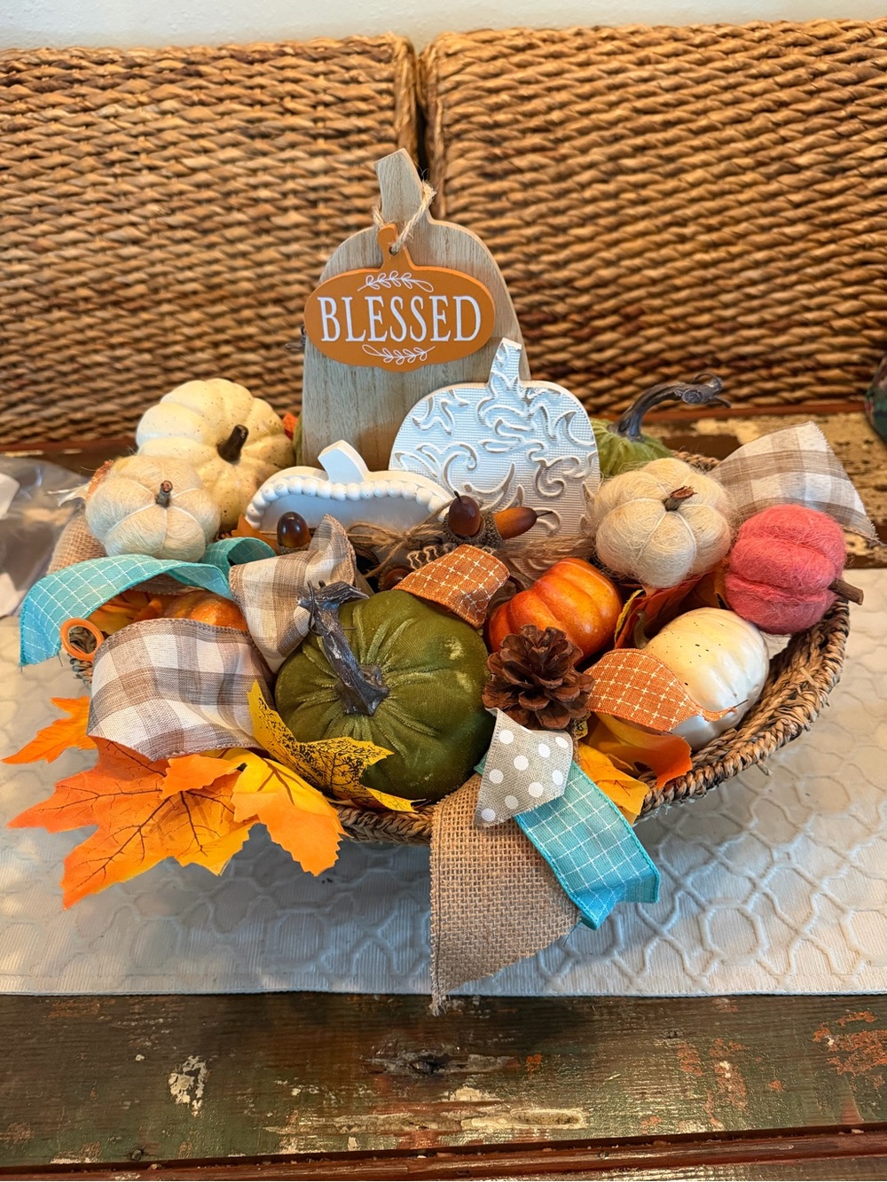 Fall Harvest Decorative Bowl with Green & Orange Pumpkins -centerpiece